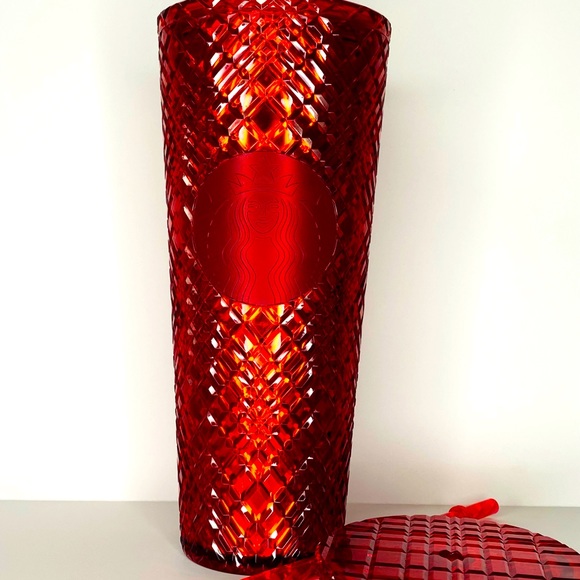 Cranberry Red Starbucks Diamond Pattern Tumbler Cold Drinks - Picture 2 of 5